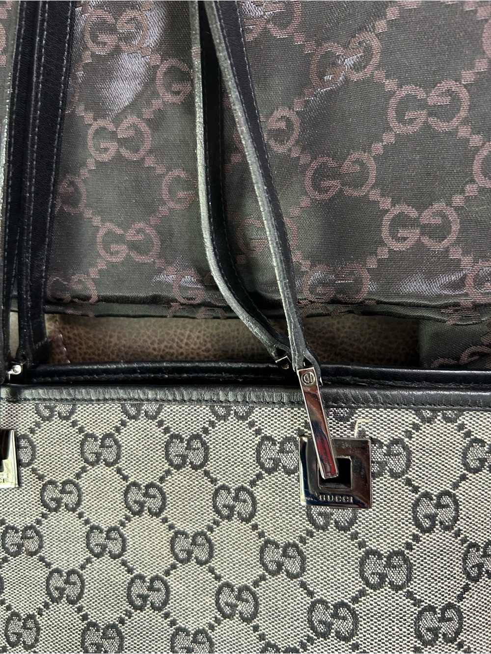 VINTAGE Gucci GG Canvas Eclipse Tote with Black Leather Trim - Picture 11 of 16
